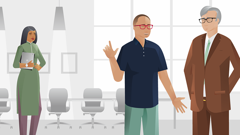 Illustrated graphic of two men talking with a woman in the background.