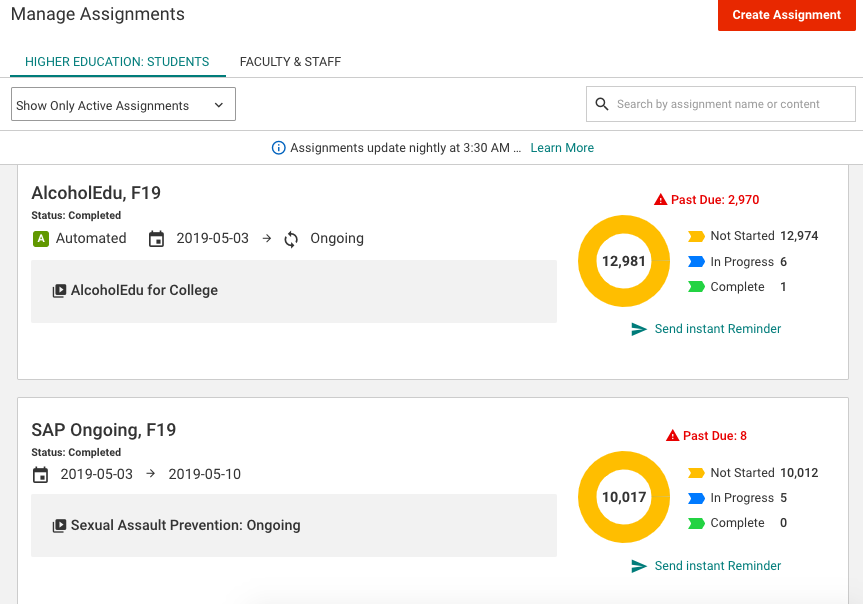 Manage Assignments Page Image of the Assignments Management page in Foundry. Two assignment cards are on display.